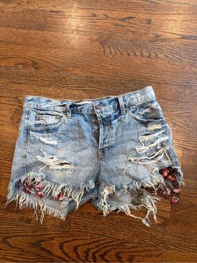 Free People Boho Blue Distressed Denim Shorts with Floral lace hem  Embroidery